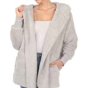 NWT White Mark Grey Plush Hooded Open Faced Cardigan with Pockets - L/XL